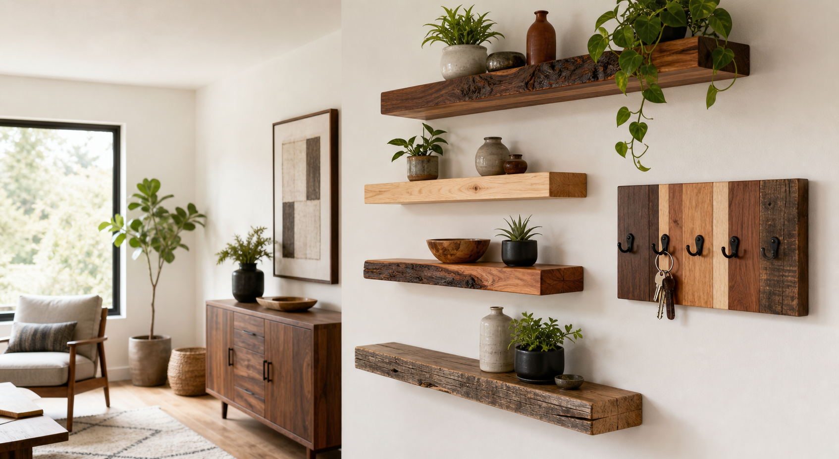 Floating shelves and a handmade key holder in a finished room