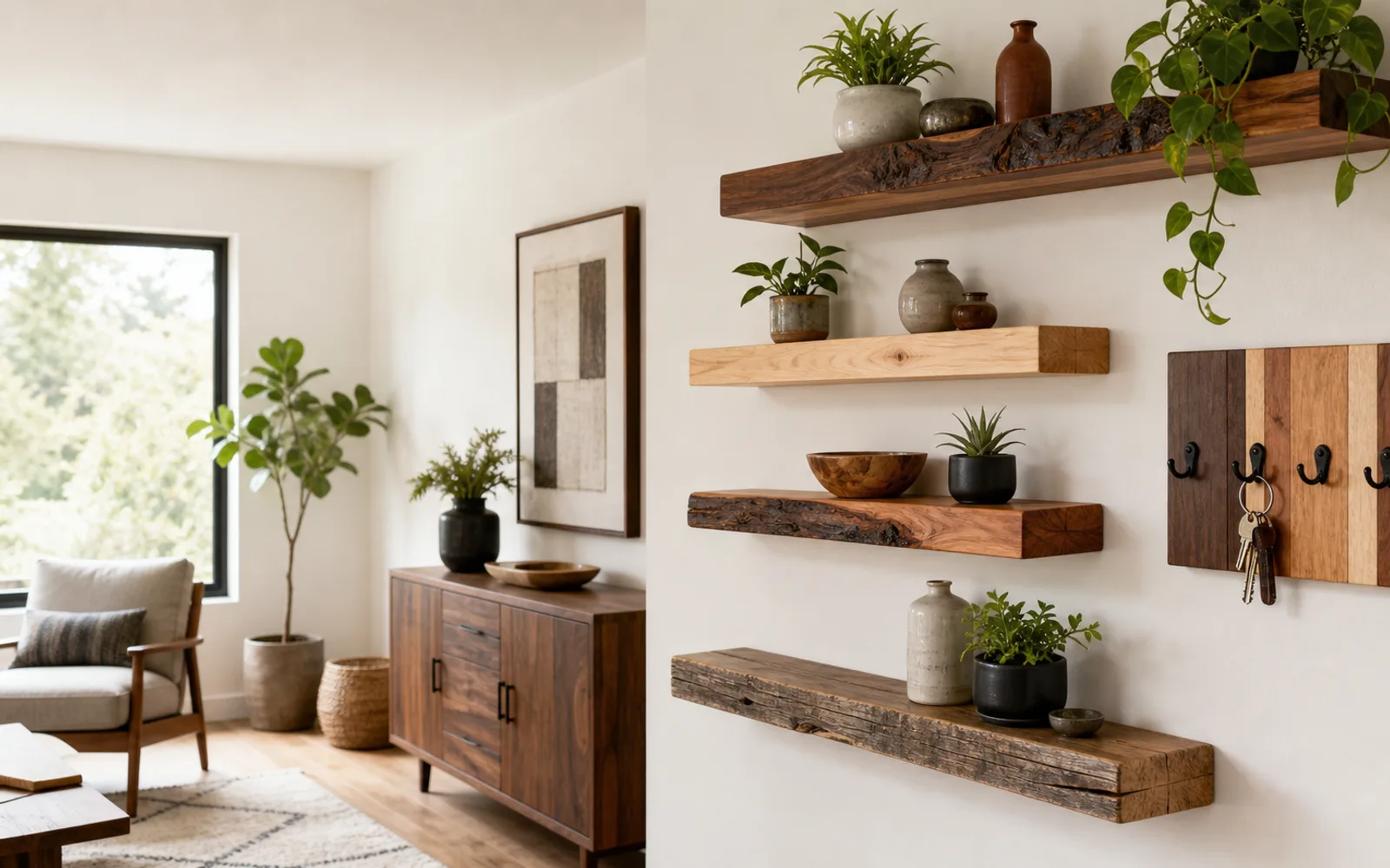 Catalog-style floating shelf and key holder preview in a finished room